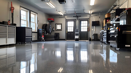 A clean and organized garage with a shiny epoxy floor.
