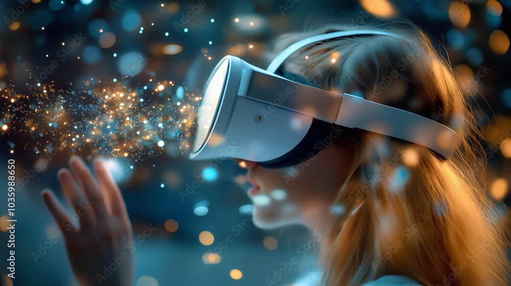 Poster girl in hi-tech vr glasses with elements of artificial intelligence. background in a high-tech style