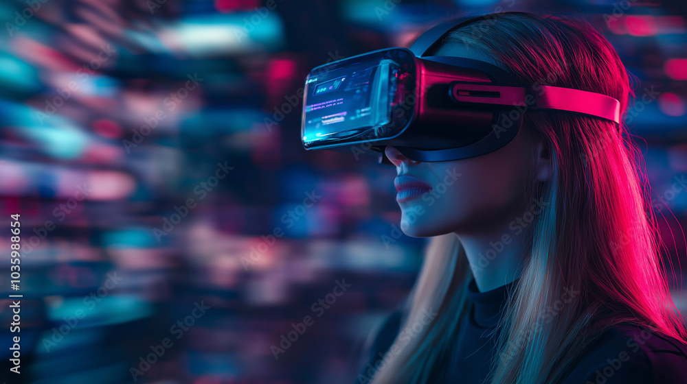 Poster girl in hi-tech vr glasses with elements of artificial intelligence. background in a high-tech style