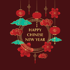 Naklejka premium Happy Chinese new year background vector. Year of the dragon design wallpaper with Chinese hanging lantern, gold texture. Modern luxury oriental