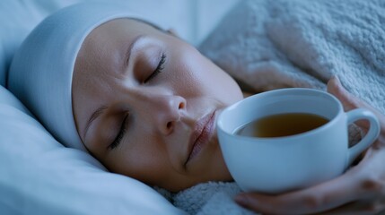 Woman resting peacefully in bed, holding a warm cup of tea, AI