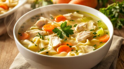 A delightful bowl of chicken noodle soup with tender pieces of chicken, carrots, celery