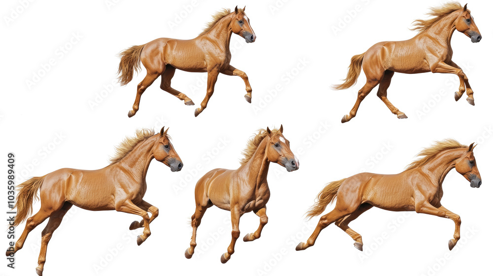 Poster running brown horses in a collection on a transparent background generative ai