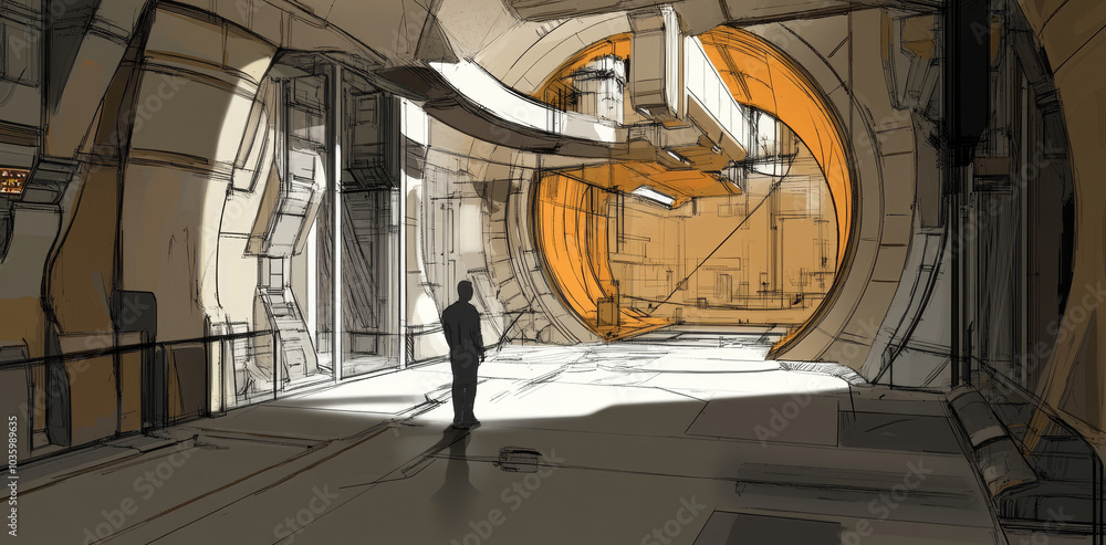 Poster a lone figure stands in a futuristic corridor, gazing towards a large circular window offering a gli