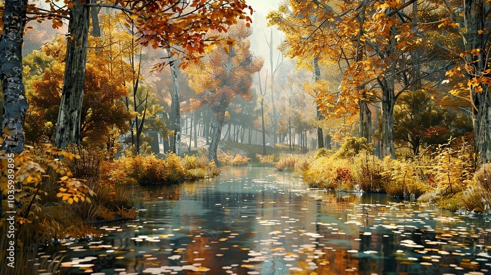 Poster autumn forest with colorful foliage and a calm stream