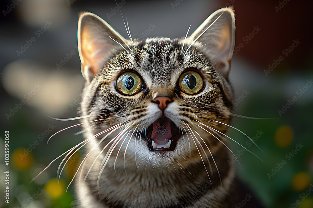 Poster A cat with its mouth open and eyes wide open. The cat is looking at the camera and he is surprised or excited