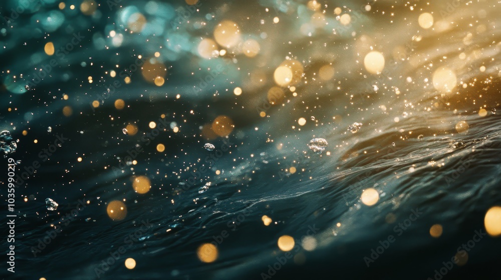 Poster a mesmerizing close-up of water with shimmering golden lights reflecting on the surface, creating a 