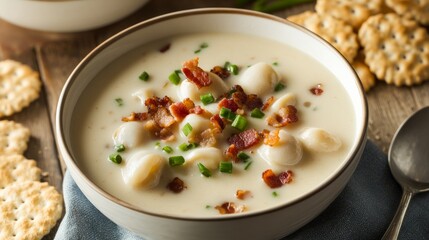 A delightful bowl of clam chowder soup garnished with crispy bacon bits and chopped chives, Clam chowder bowl centered, Soft natural lighting accentuating the creamy texture