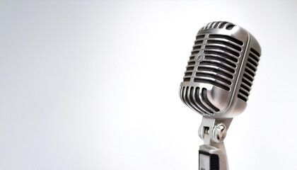 Fototapeta premium Vintage metal microphone on side position provides copy space for text. background concept isolated white