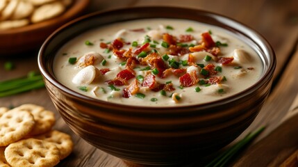 A delightful bowl of creamy clam chowder garnished with crispy bacon bits and chopped chives, Chowder bowl placed off-center, Soft diffused light for a cozy feel