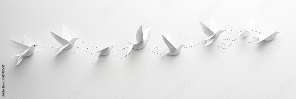 Poster a minimalist image of paper birds flying in formation, connected by dotted lines. representing unity