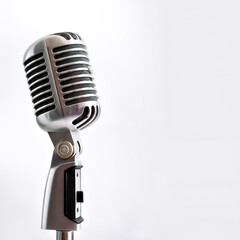 Fototapeta premium Vintage metal microphone on side position provides copy space for text. background concept isolated white