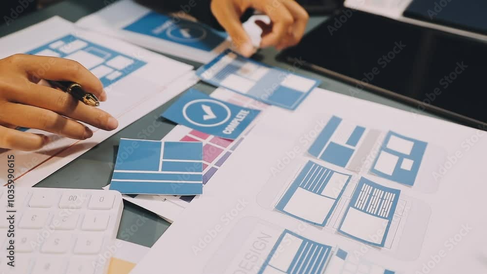 Wall mural designers drawing website ux app development. user experience concept.