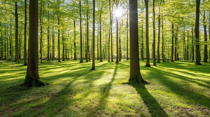 Obraz premium Sunbeams Through The Trees in a Lush Green Forest