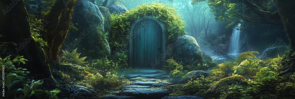 Poster a mysterious doorway hidden within a lush, enchanted forest, inviting you to embark on a journey int