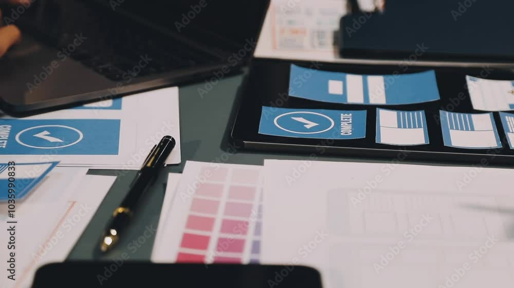 Wall mural designers drawing website ux app development. user experience concept.