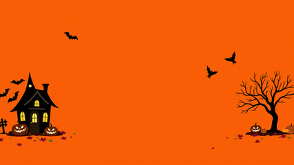 Halloween pumpkin with bats, candle and tree with ghost house creepy night