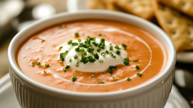 A delightful bowl of lobster bisque garnished with a drizzle of cream and chopped chives, Lobster bisque bowl centered, Soft natural lighting accentuating the richness