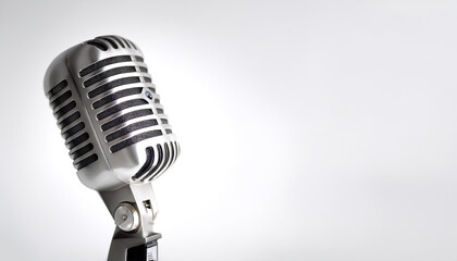 Vintage metal microphone on side position provides copy space for text. background concept isolated white