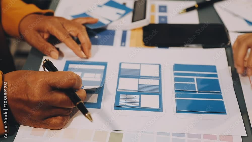Wall mural designers drawing website ux app development. user experience concept.