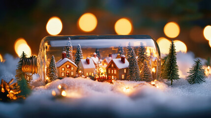 A charming Christmas village in a glass bottle with glowing homes and snowy pines surrounded by twinkling lights