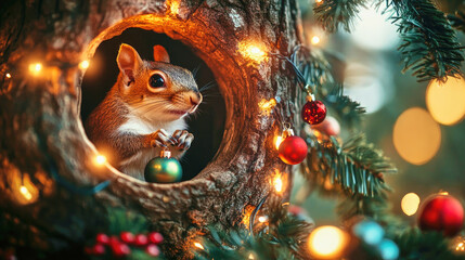 A squirrel hangs colorful ornaments on a Christmas tree in a cozy hollow tree house surrounded by glowing lights