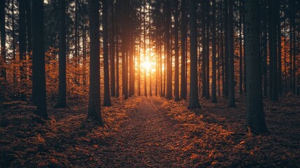 Obraz premium Golden Sunset Through a Forest Path