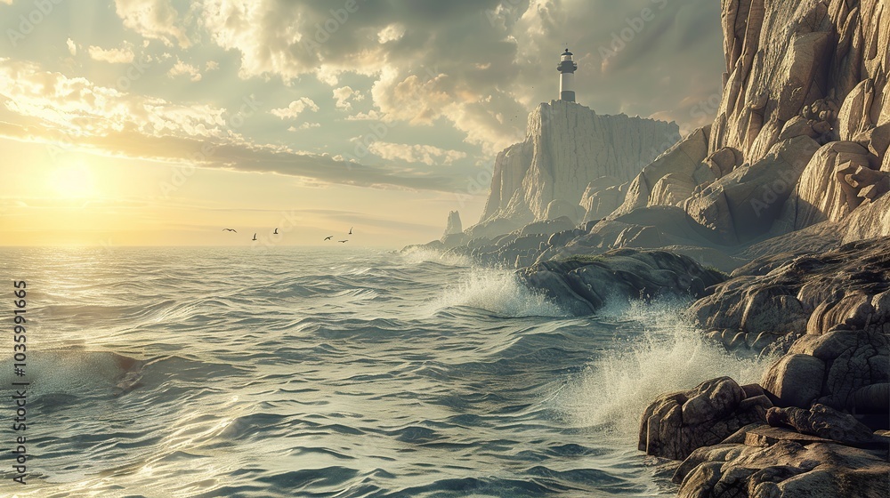 Poster coastal cliffs with waves crashing against the rocks and a lighthouse in the distance