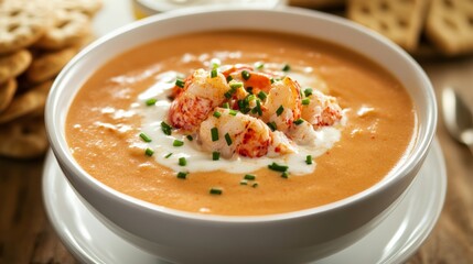 A delightful bowl of lobster bisque garnished with chopped chives and a drizzle of cream, Lobster bisque bowl centered, Soft natural lighting accentuating the richness