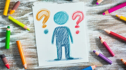 A child's crayon drawing of a thinking person surrounded by colorful question marks on a wooden table