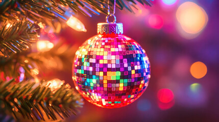 Bright neon Christmas bauble featuring 80s arcade game pixel art against a festive retro grid background
