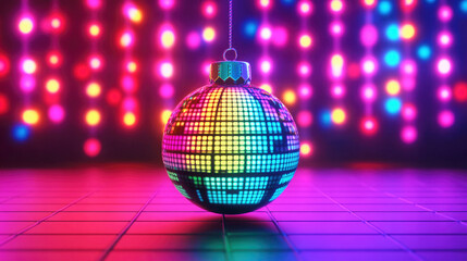Festive Christmas bauble with 80s arcade game pixel art against a vibrant neon grid background