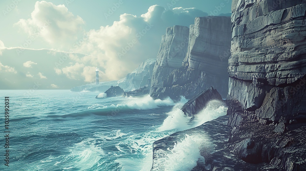 Aufkleber coastal cliffs with waves crashing against the rocks and a lighthouse in the distance