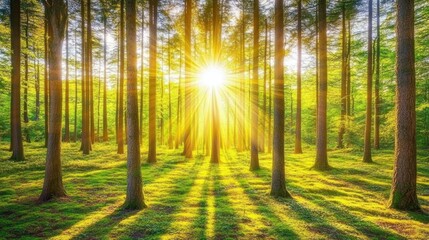 Fototapeta premium Sunbeams Through Forest Trees