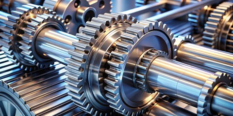 Close-up of Shiny Metal Gears in a Complex Machine, 3D Render, Industrial, Machinery, Technology