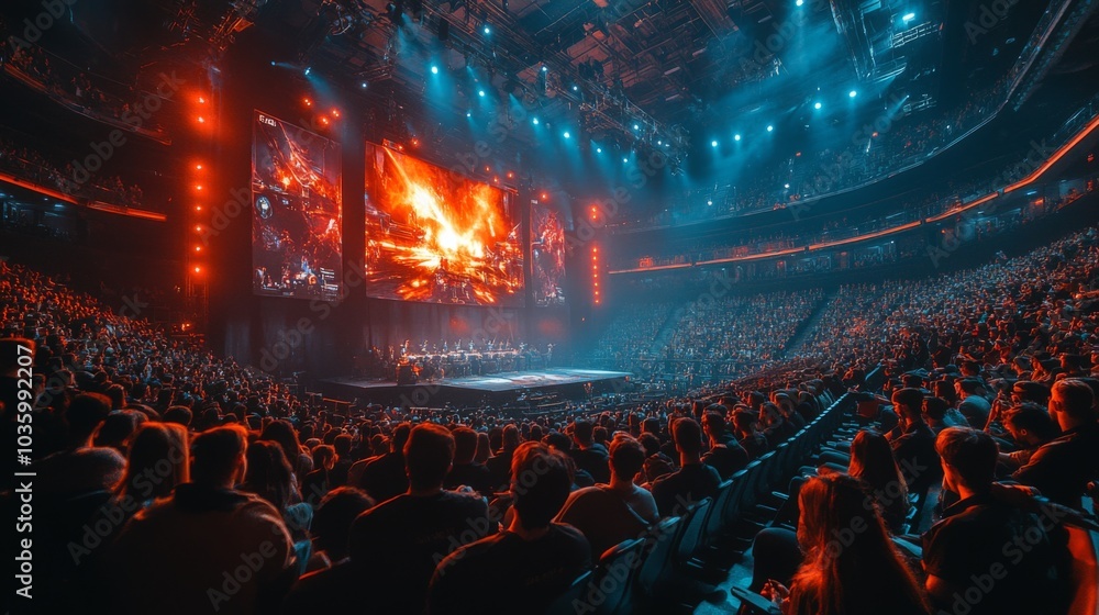 Poster a large crowd gathers in a stadium, fully engaged in a thrilling esports tournament. bright lights i