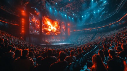 A large crowd gathers in a stadium, fully engaged in a thrilling esports tournament. Bright lights illuminate the stage where skilled players compete, creating an electrifying atmosphere.