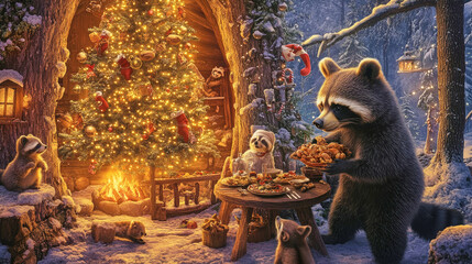 Merry forest animals celebrate around a Christmas tree with festive treats and cozy warmth in a snowy landscape