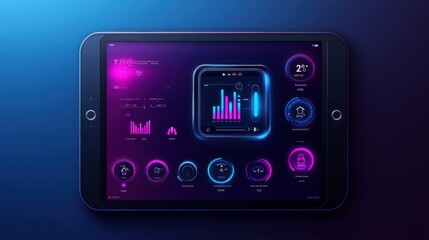 Fototapeta premium Smart Home Automation Technology Control Panel with Digital Thermostat, Smart Door Lock, and Security Camera System on Tablet Display