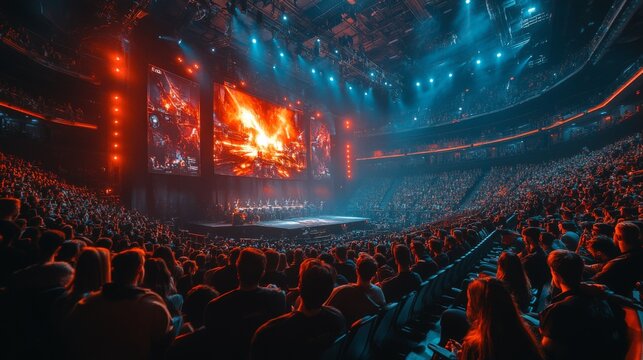 A large crowd gathers in a stadium, fully engaged in a thrilling esports tournament. Bright lights illuminate the stage where skilled players compete, creating an electrifying atmosphere.