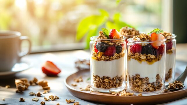 A delightful breakfast parfait bar with layers of yogurt, granola, and fresh fruit