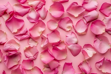 Fototapeta premium Pink rose petals on pink background. Flat lay, top view