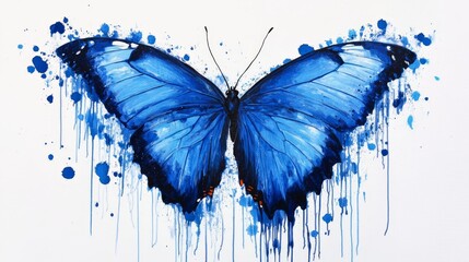 A stunning blue butterfly with vibrant wings, set against a white background, with dripping paint symbolizing transformation, freedom, beauty, nature, and art.