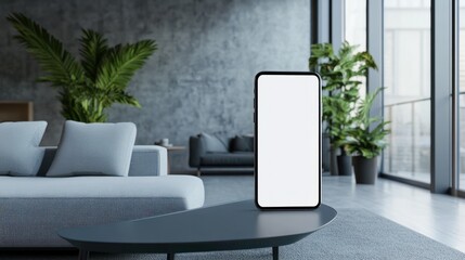 Fototapeta premium Smartphone with a blank screen displayed in a modern living room