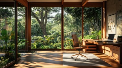 Obraz premium Spacious home office with large windows showcasing a lush garden, combining work with serene nature for a peaceful environment