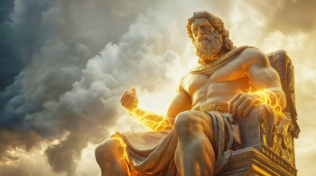 Zeus descends from his throne, radiating a golden aura amid gathering storm clouds and crackling lightning