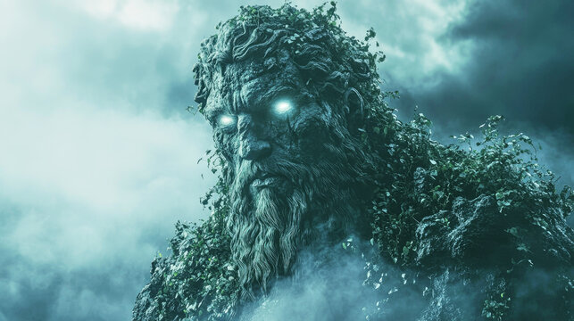 Ancient statue of Zeus in a post-apocalyptic landscape, overgrown and mysterious under a foggy atmosphere