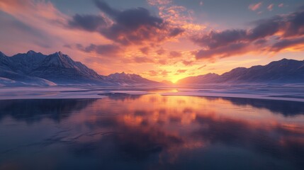 Fototapeta premium Stunning sunset over a tranquil frozen lake with reflections of mountains and vibrant clouds in the sky.