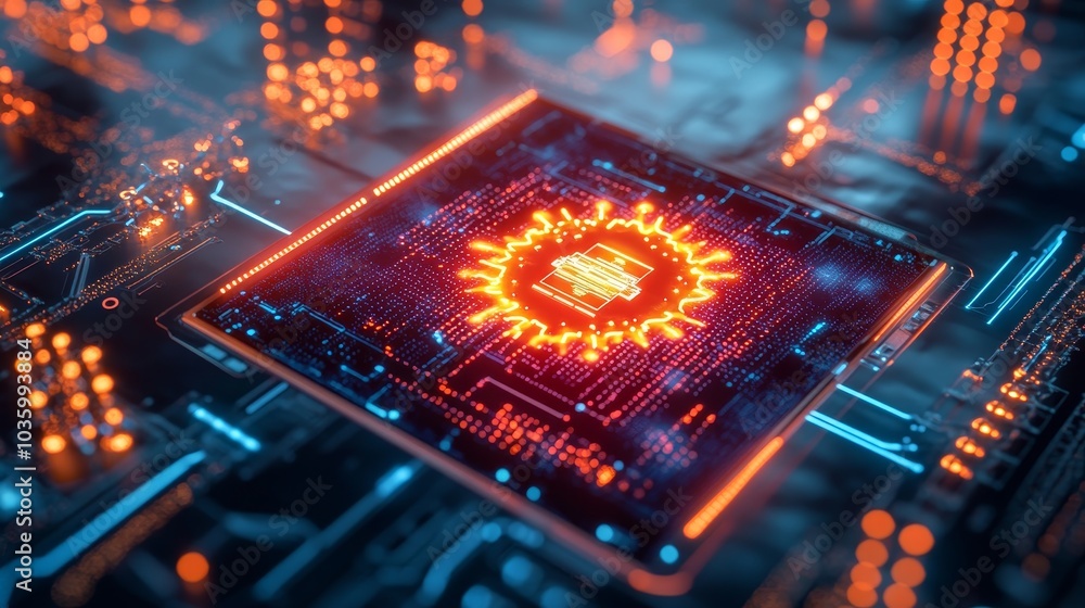 Poster a visually striking 3d flat lay of a computer's central processing unit, showcasing the intricate ci