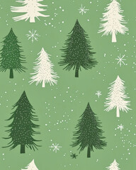 Obraz premium Modern minimalist Christmas pattern featuring abstract pine trees and snowflakes in olive green tones